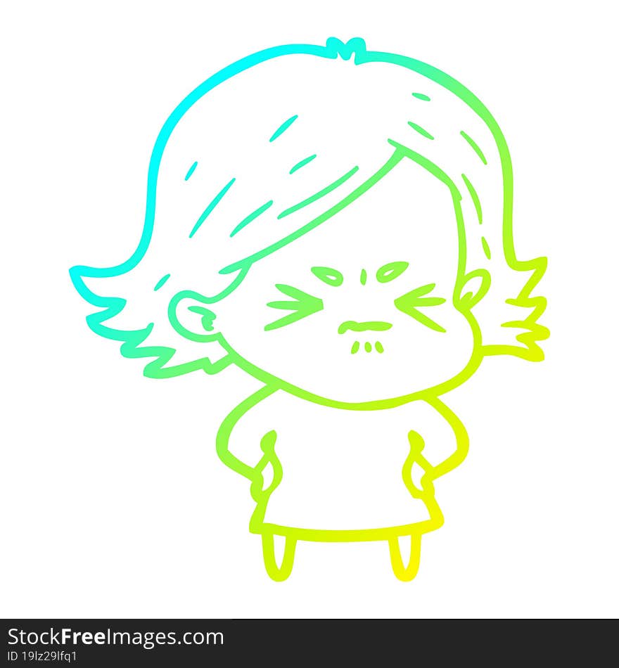 cold gradient line drawing of a cartoon angry girl