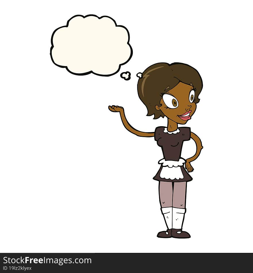 cartoon woman in maid costume with thought bubble