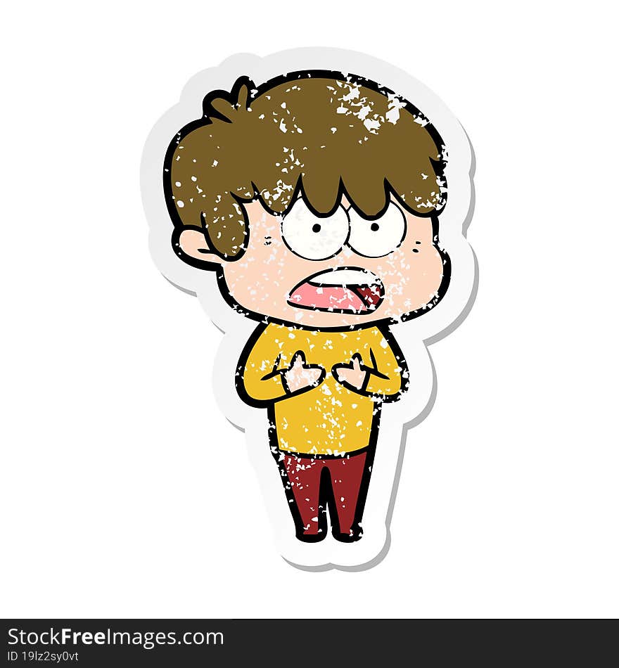 distressed sticker of a worried cartoon boy