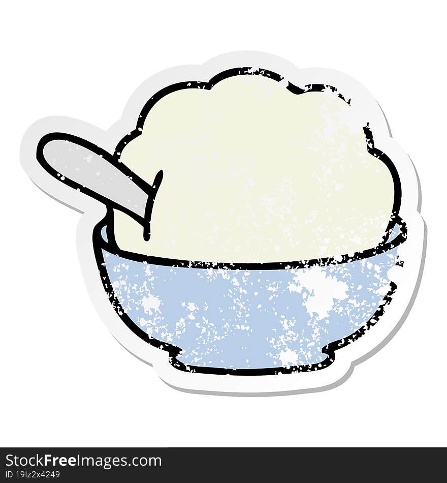 distressed sticker of a quirky hand drawn cartoon ice cream bowl