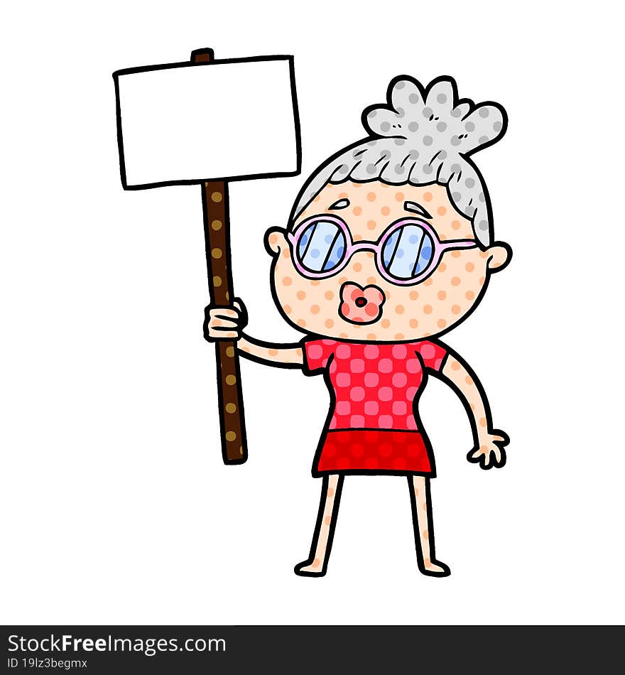 cartoon protester woman wearing spectacles. cartoon protester woman wearing spectacles