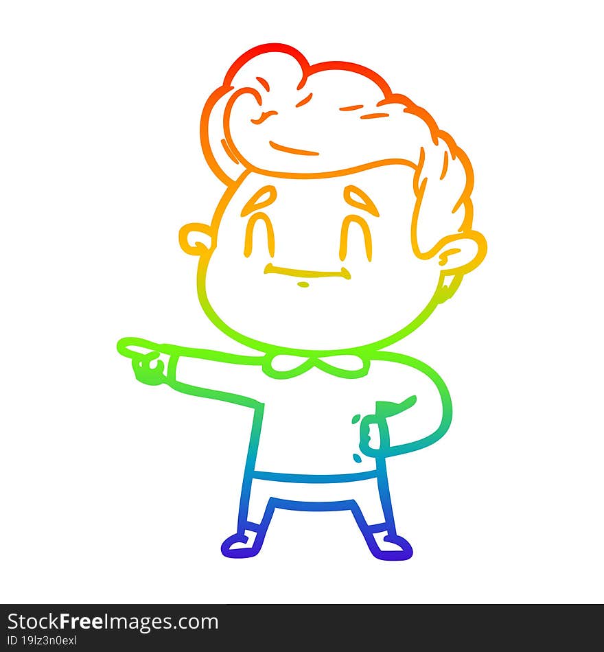 rainbow gradient line drawing of a happy cartoon man pointing