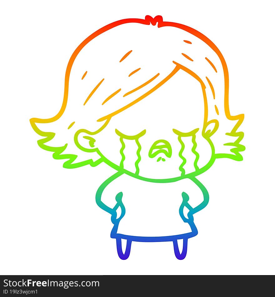 rainbow gradient line drawing of a cartoon girl crying