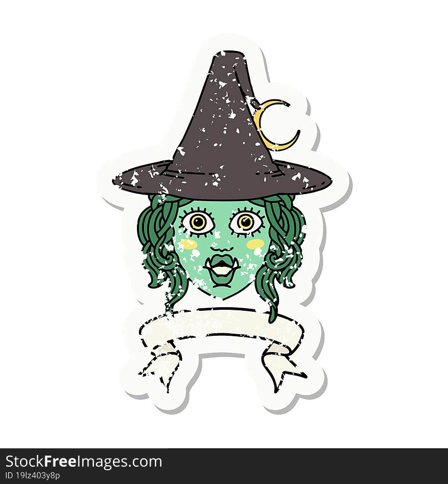 Retro Tattoo Style half orc witch character face with banner. Retro Tattoo Style half orc witch character face with banner