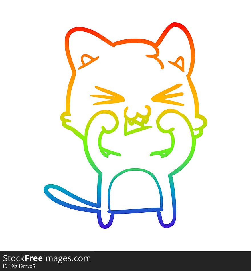 Rainbow Gradient Line Drawing Cartoon Cat Hissing