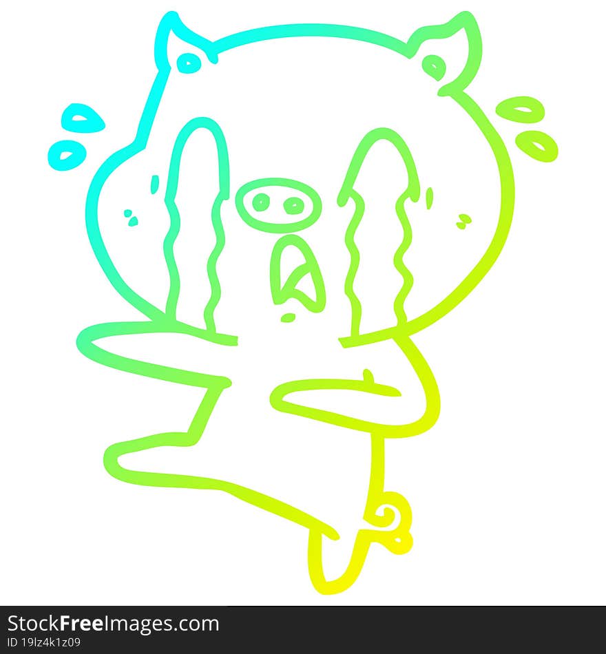 cold gradient line drawing of a crying pig cartoon