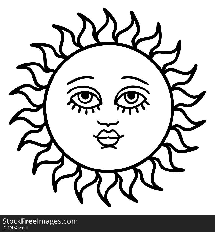 black line tattoo of a sun with face