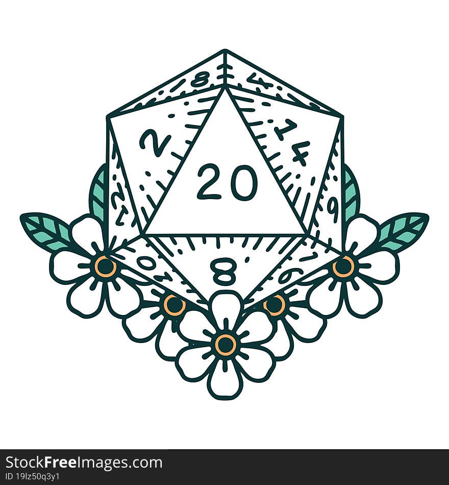 Natural 20 D20 Dice Roll With Floral Elements Illustration