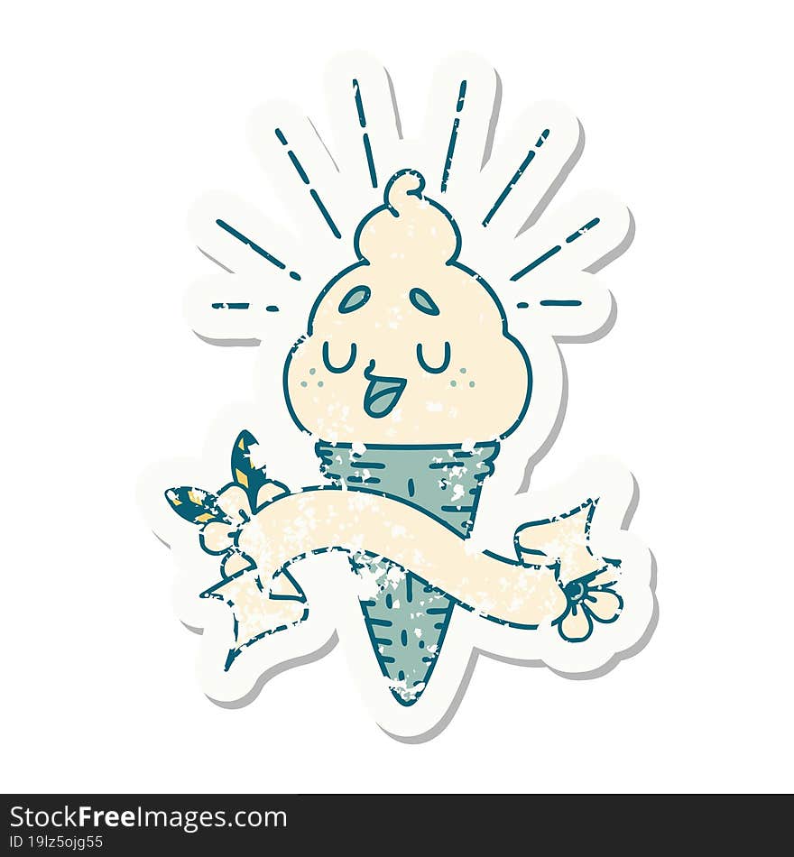 Grunge Sticker Of Tattoo Style Ice Cream Character