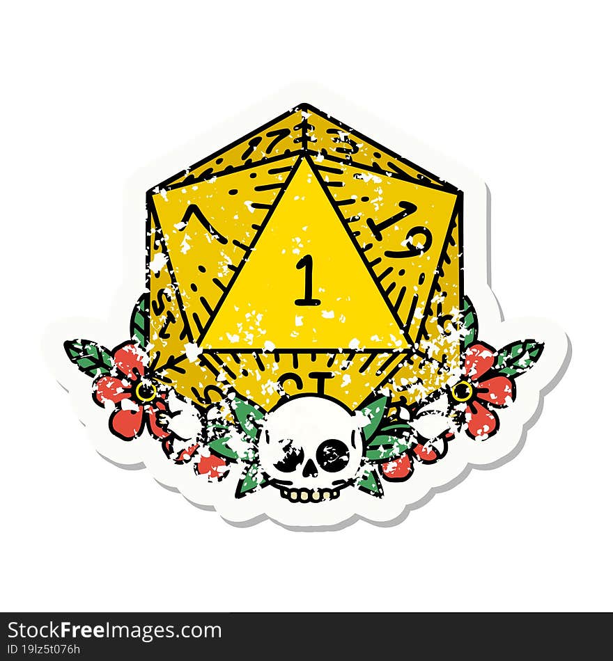 Natural One Dice Roll With Floral Elements Grunge Sticker