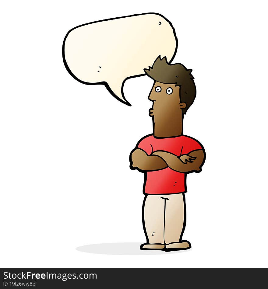 cartoon man with folded arms with speech bubble