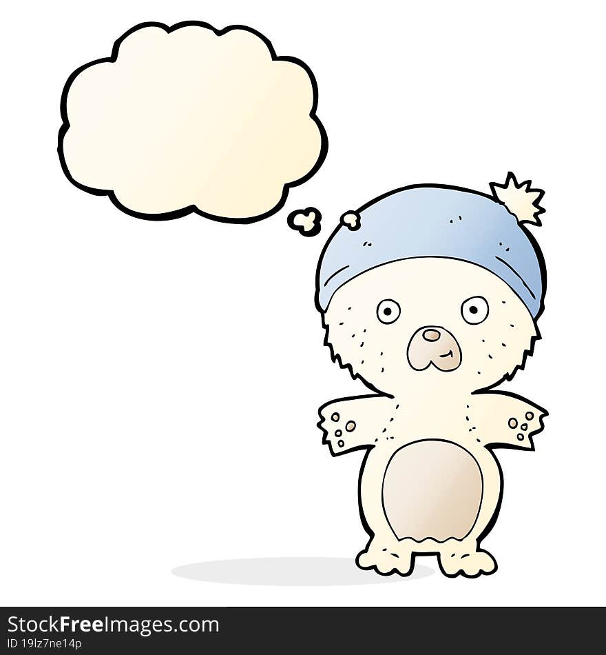 cartoon cute polar bear in hat with thought bubble