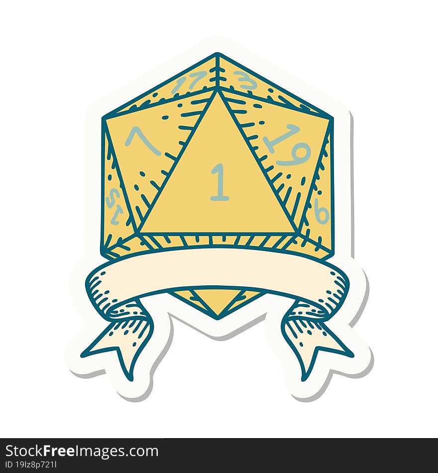 sticker of a natural one d20 dice roll. sticker of a natural one d20 dice roll