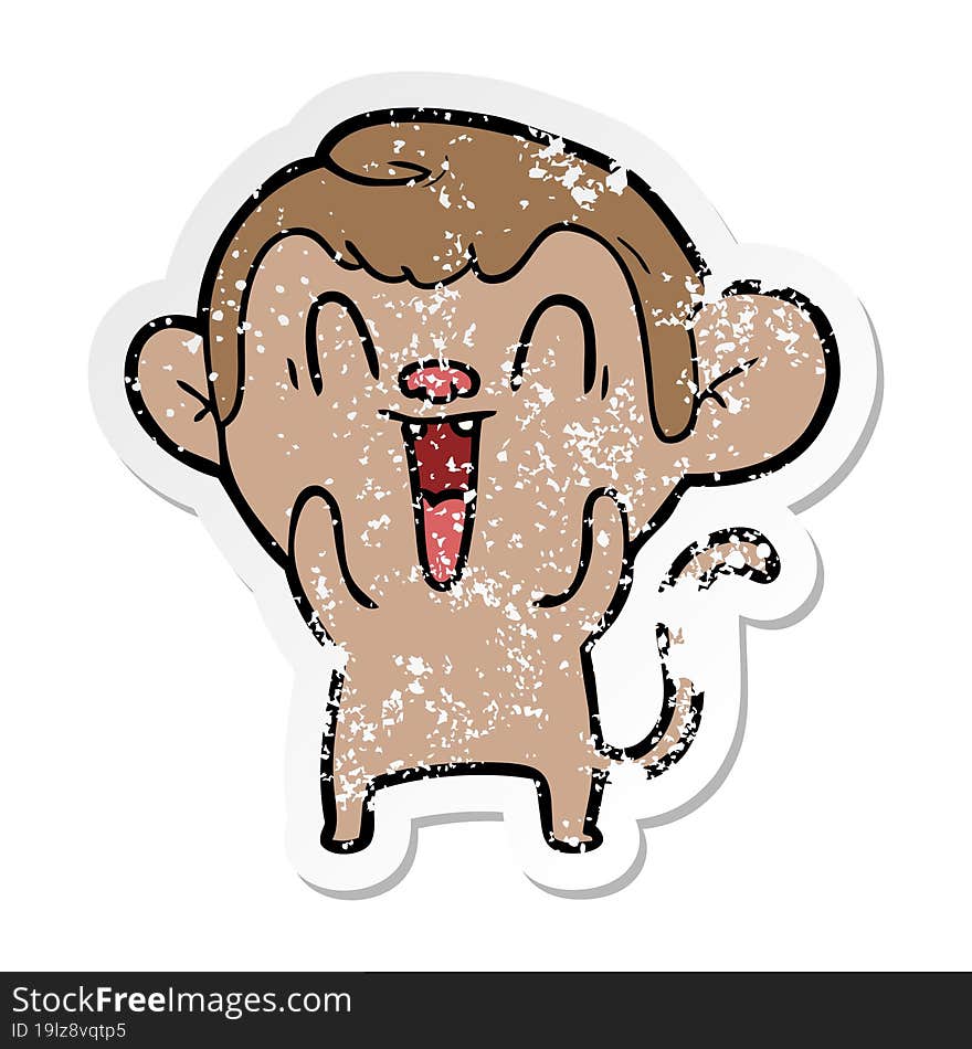 distressed sticker of a cartoon laughing monkey