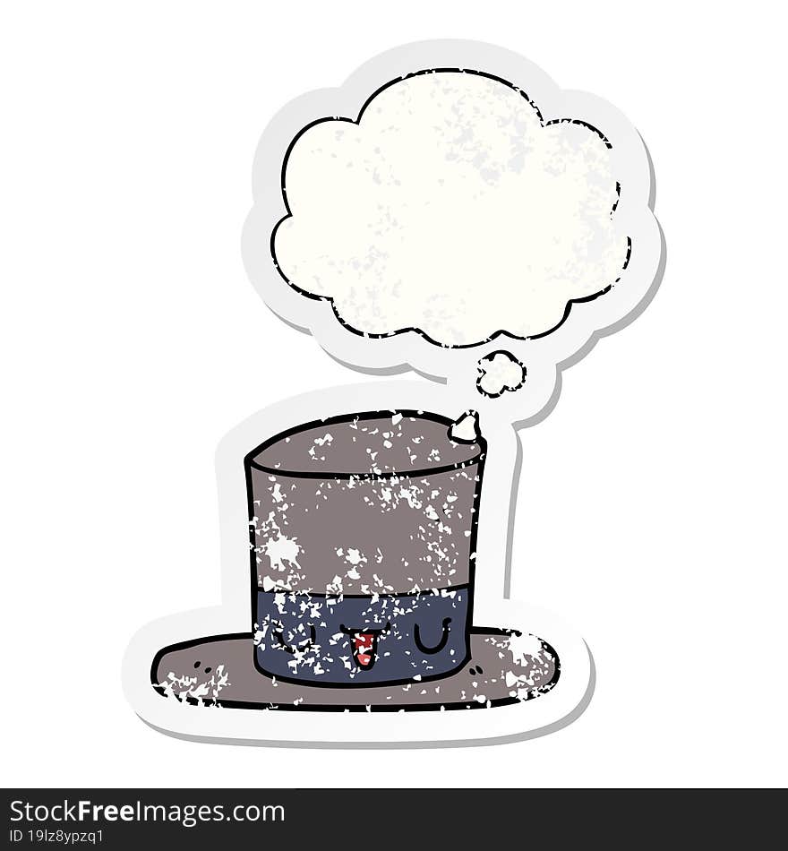 cartoon top hat and thought bubble as a distressed worn sticker