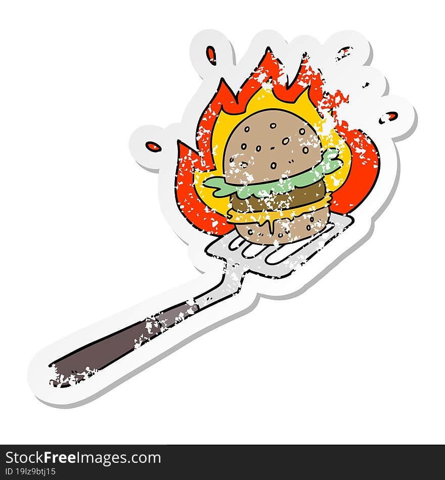 Distressed Sticker Of A Cartoon Burger On Spatula