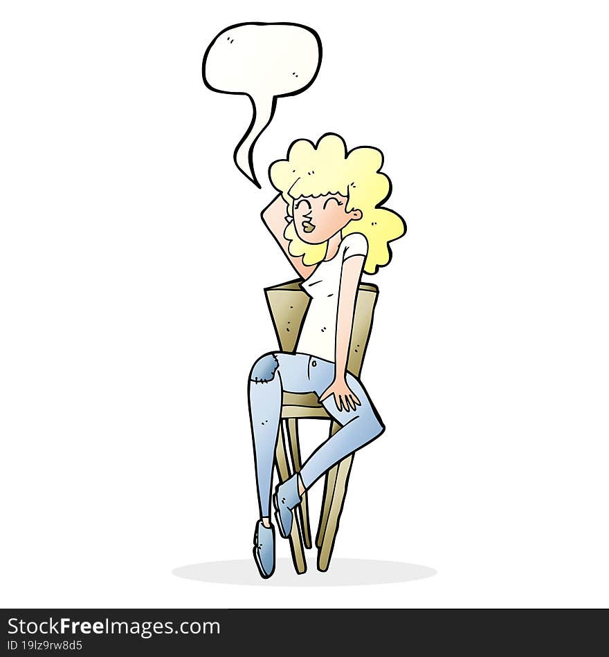 cartoon woman posing on chair with speech bubble