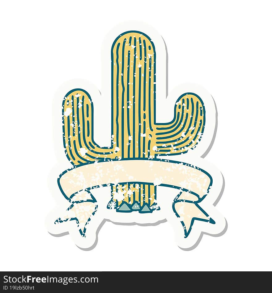 worn old sticker with banner of a cactus. worn old sticker with banner of a cactus