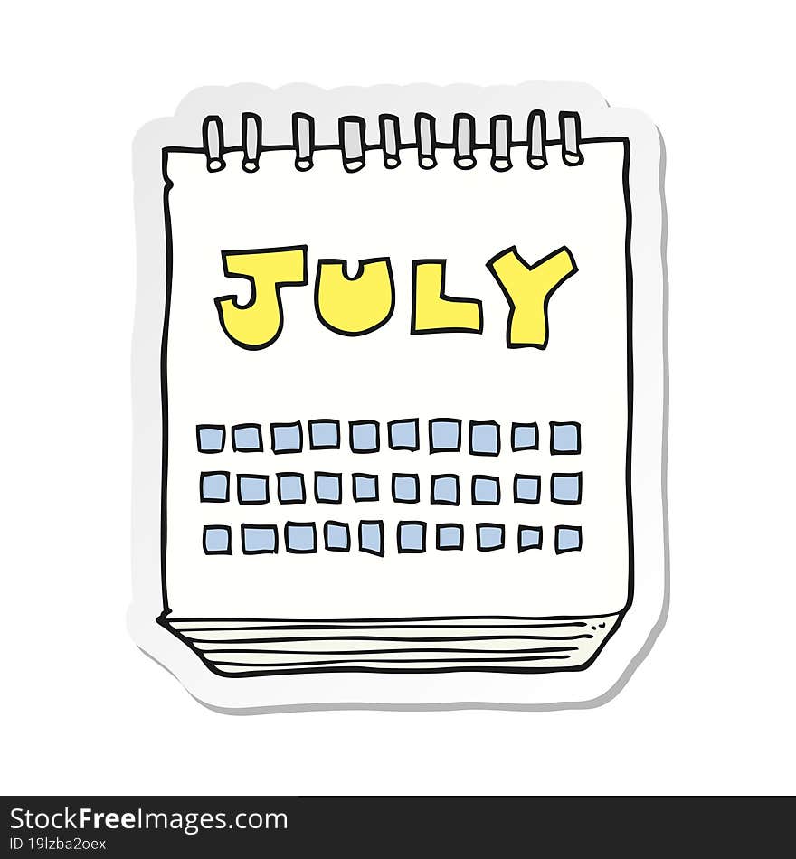 sticker of a cartoon calendar showing month of July