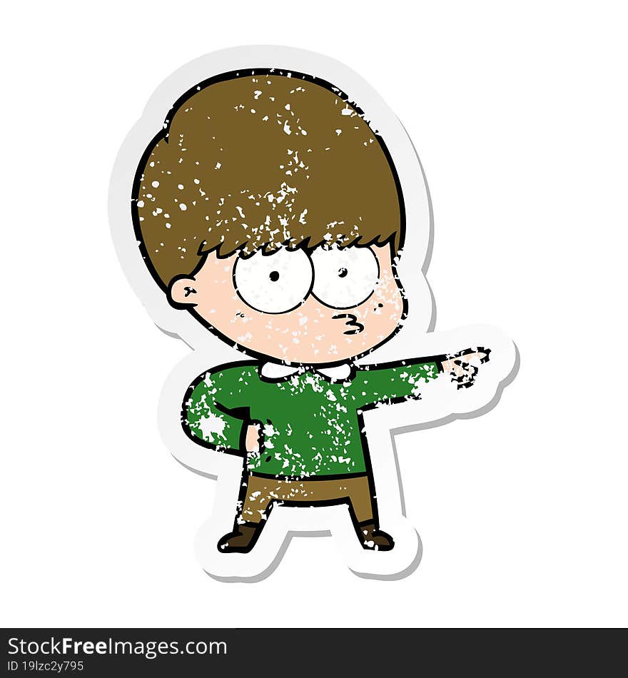 Distressed Sticker Of A Nervous Cartoon Boy Pointing