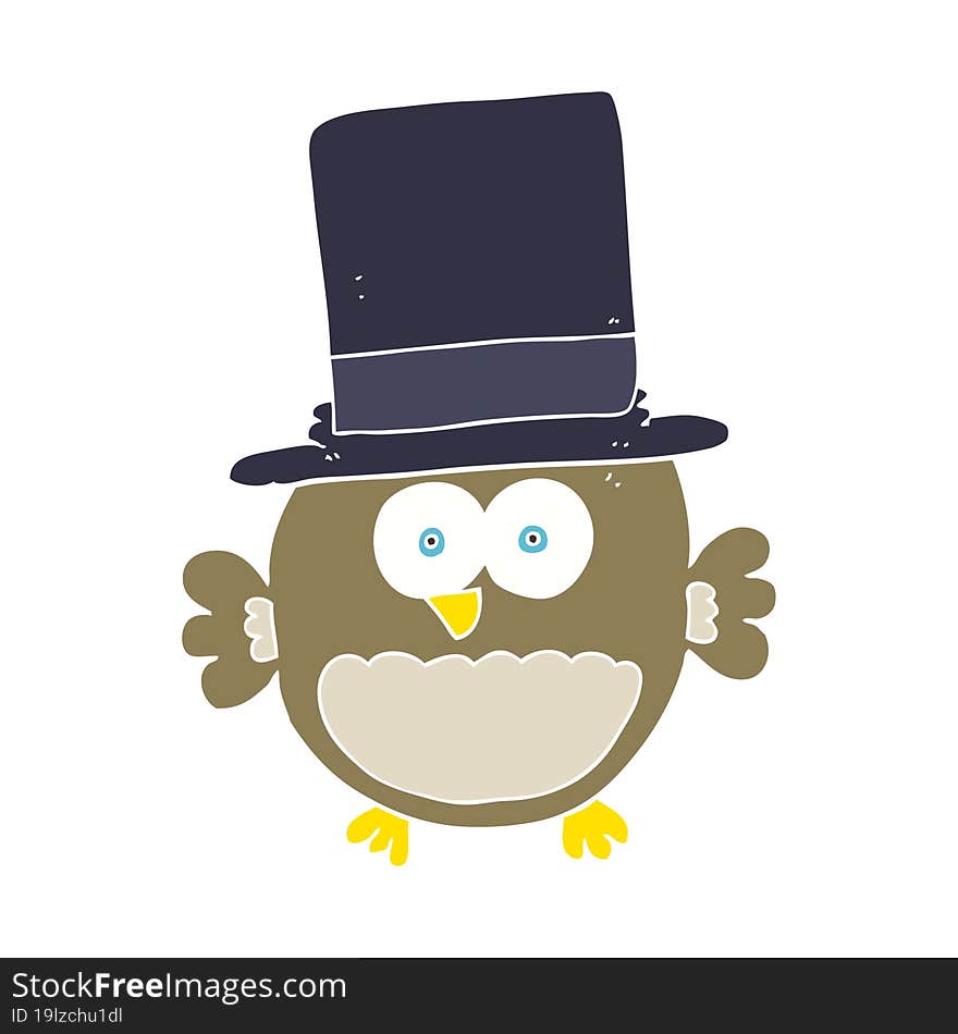 flat color illustration of a cartoon owl in top hat