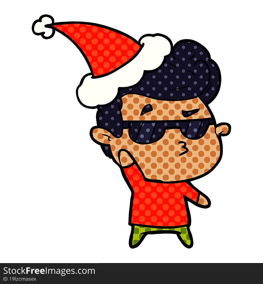 hand drawn comic book style illustration of a cool guy wearing santa hat