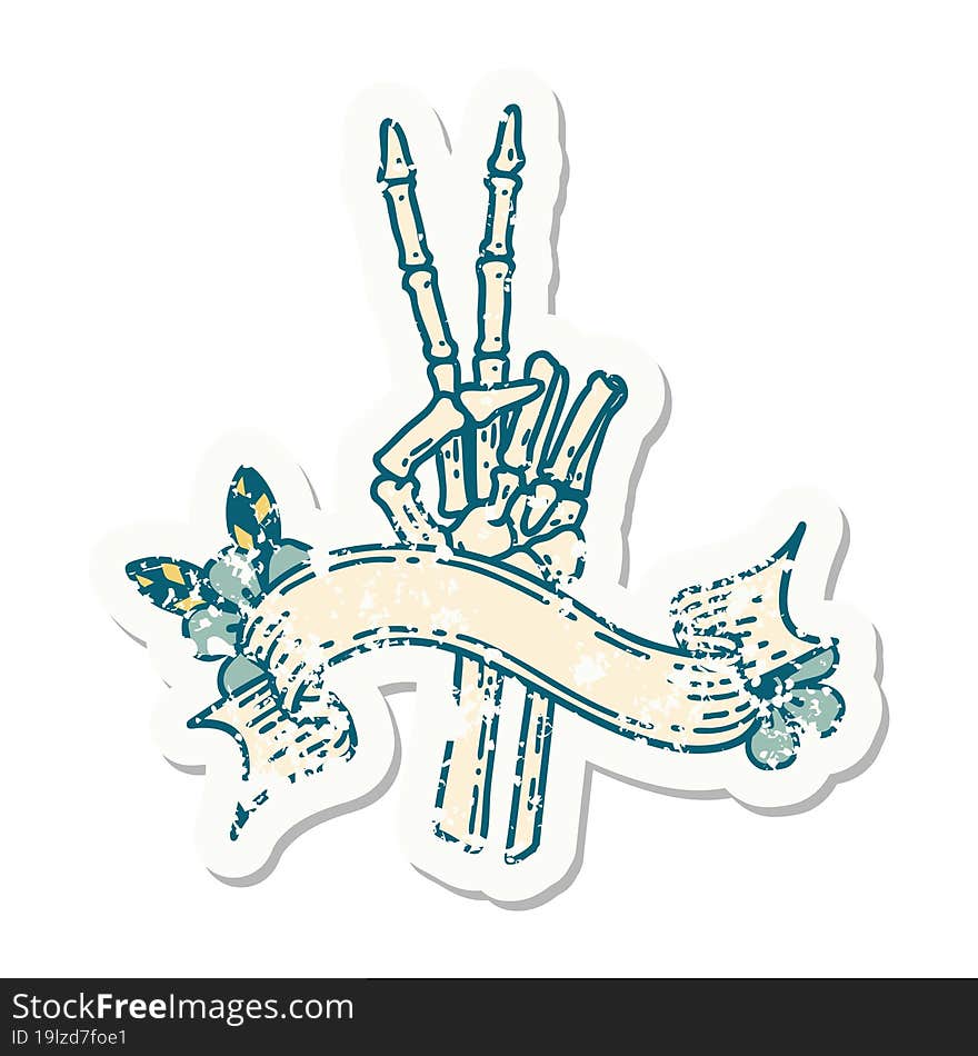 Grunge Sticker With Banner Of A Skeleton Hand Giving A Peace Sign