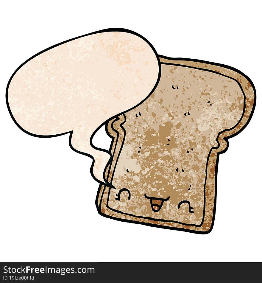 cute cartoon slice of bread and speech bubble in retro texture style