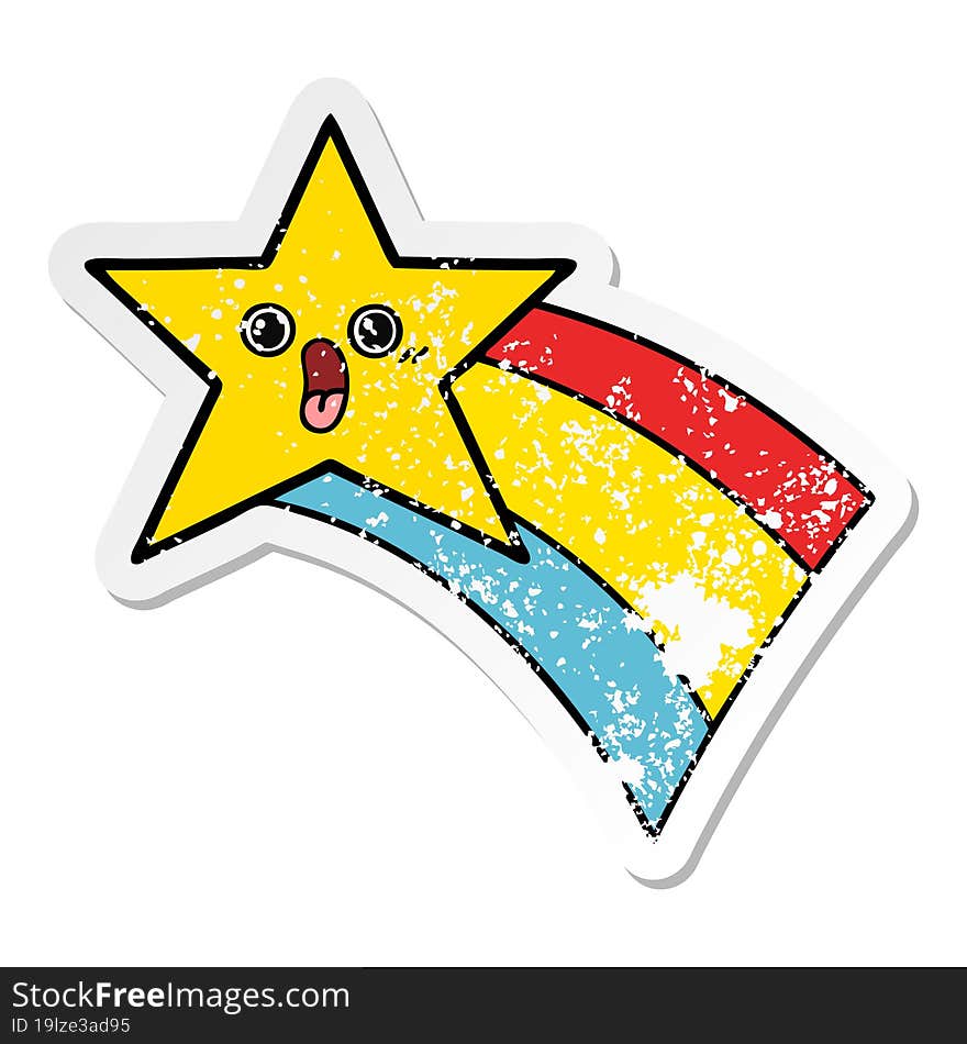 distressed sticker of a cute cartoon shooting rainbow star