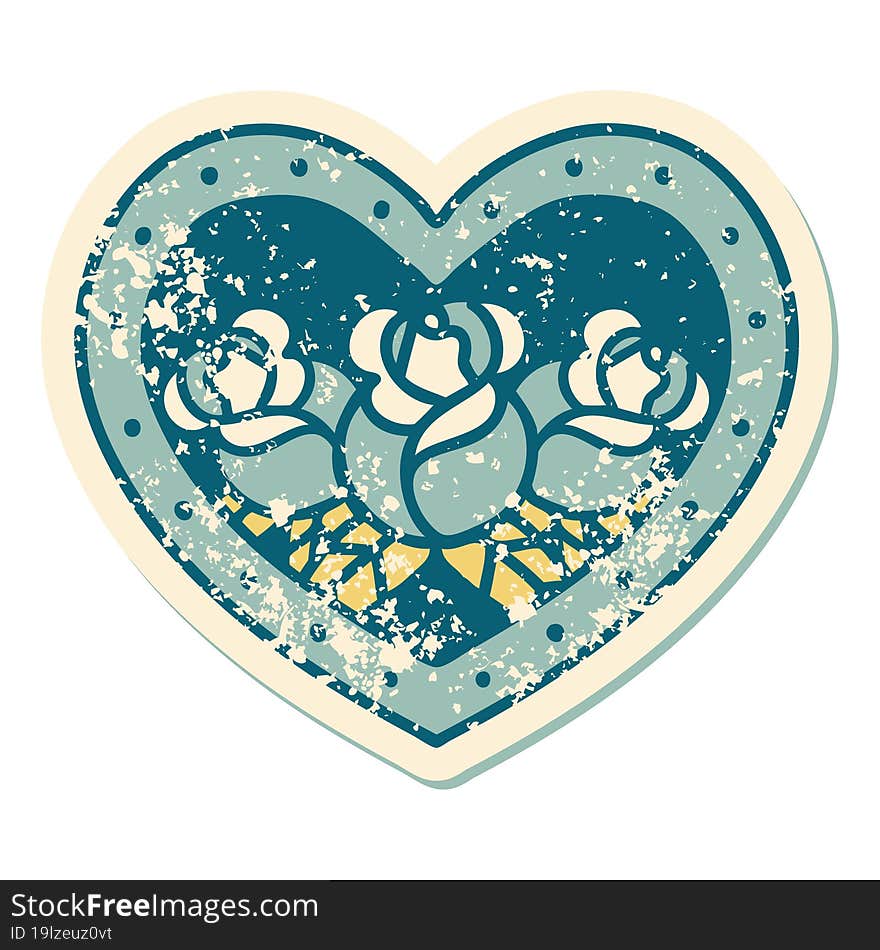 Distressed Sticker Tattoo Style Icon Of A Heart And Flowers