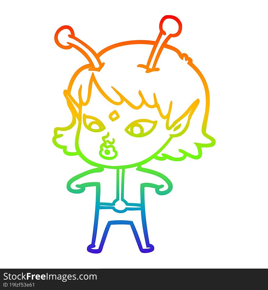 Rainbow Gradient Line Drawing Pretty Cartoon Alien Girl