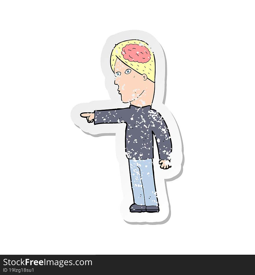 retro distressed sticker of a cartoon clever man pointing