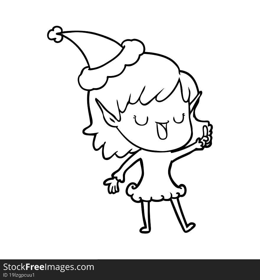 Line Drawing Of A Elf Girl Wearing Santa Hat