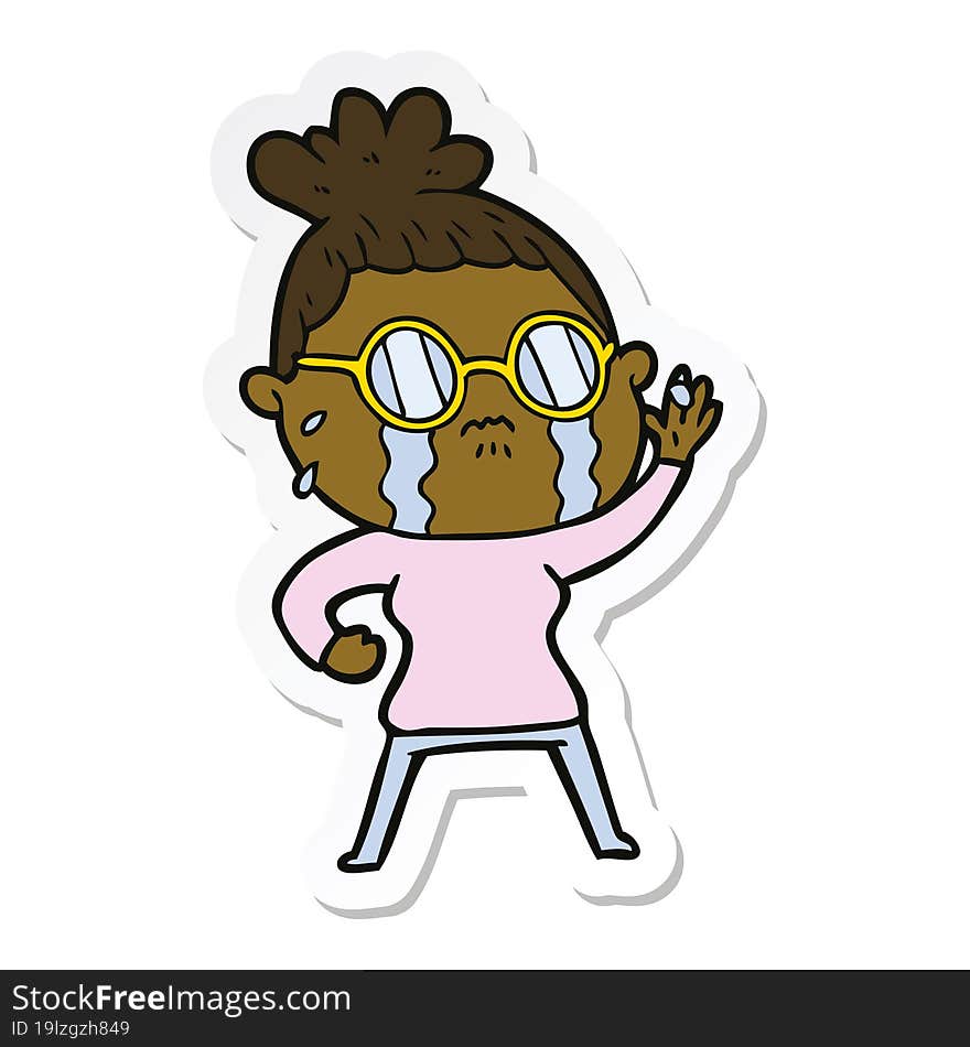 sticker of a cartoon crying woman wearing spectacles