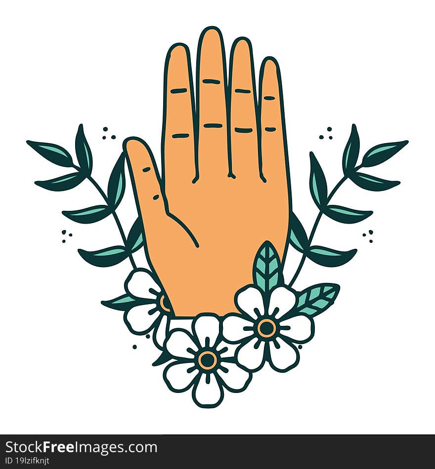 tattoo style icon of a hand and flower