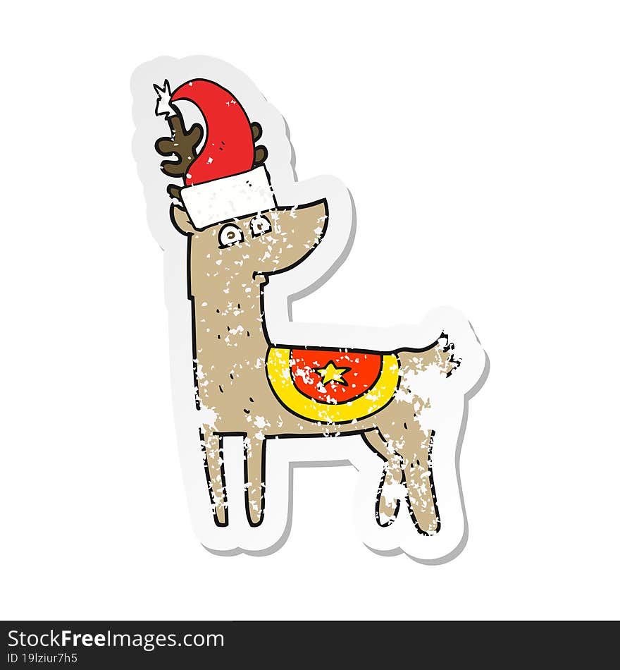 retro distressed sticker of a cartoon reindeer wearing christmas hat