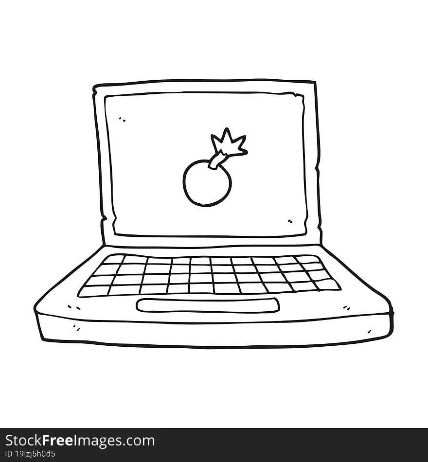 freehand drawn black and white cartoon laptop computer with bomb symbol