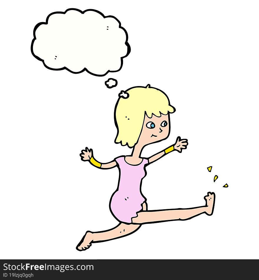 cartoon happy woman kicking with thought bubble