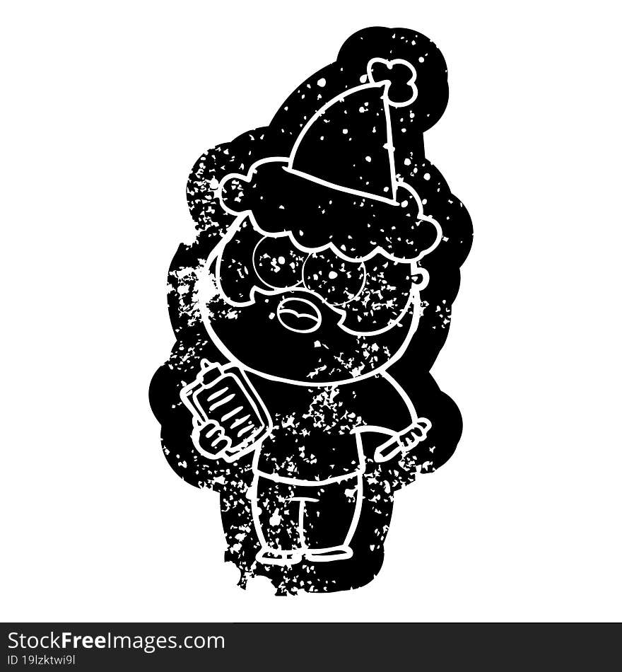 Cartoon Distressed Icon Of A Bearded Man With Clipboard And Pen Wearing Santa Hat