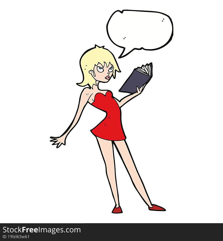 cartoon woman reading book with speech bubble