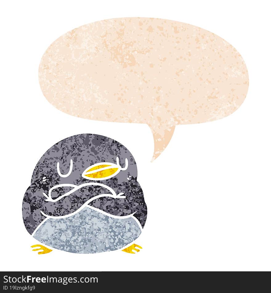 Cartoon Penguin And Speech Bubble In Retro Textured Style