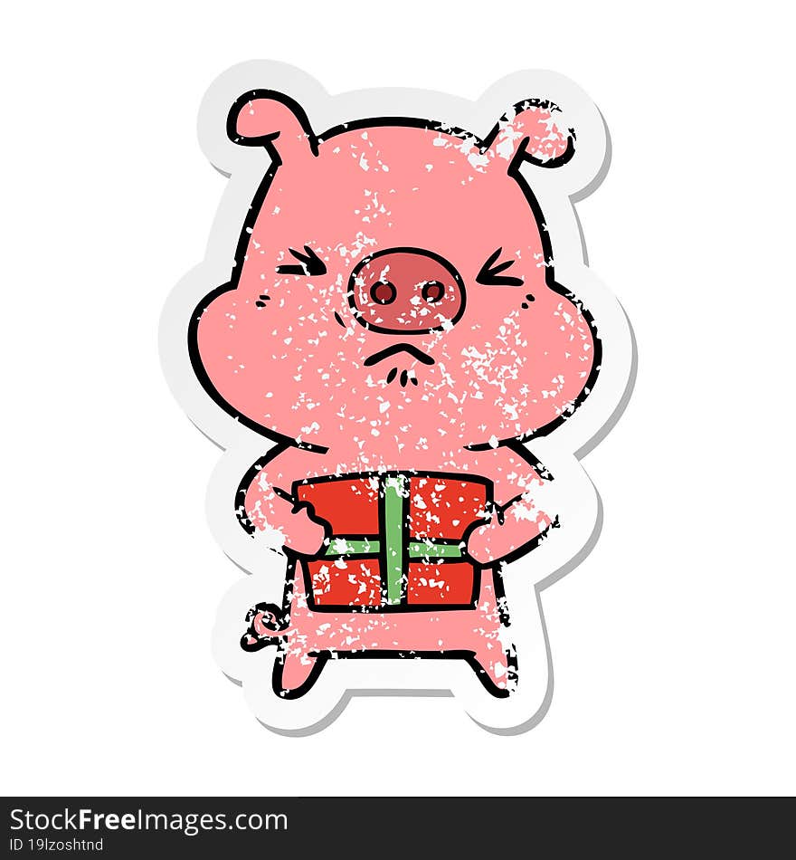 distressed sticker of a cartoon angry pig with christmas present