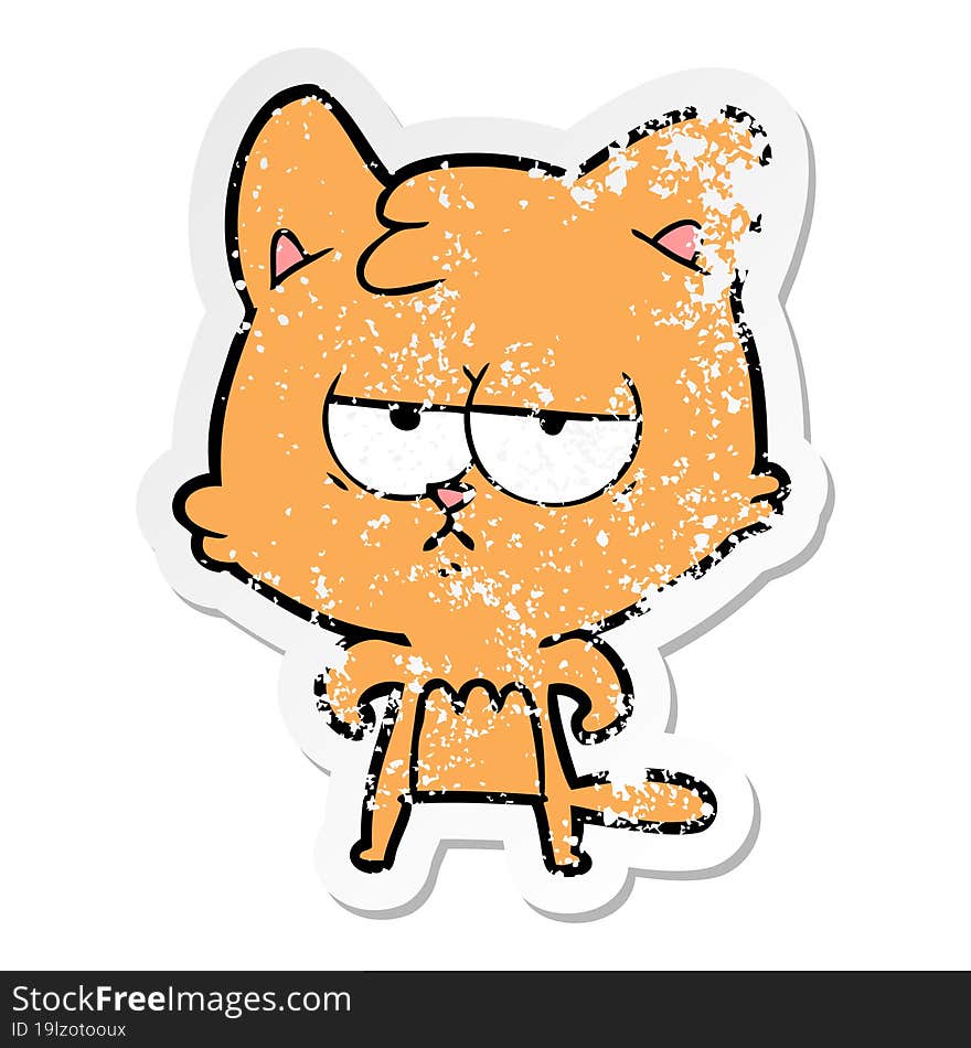 Distressed Sticker Of A Bored Cartoon Cat