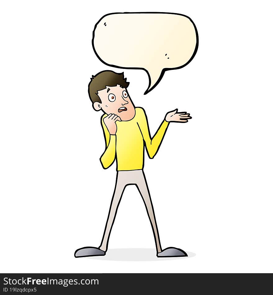 cartoon nervous man with speech bubble