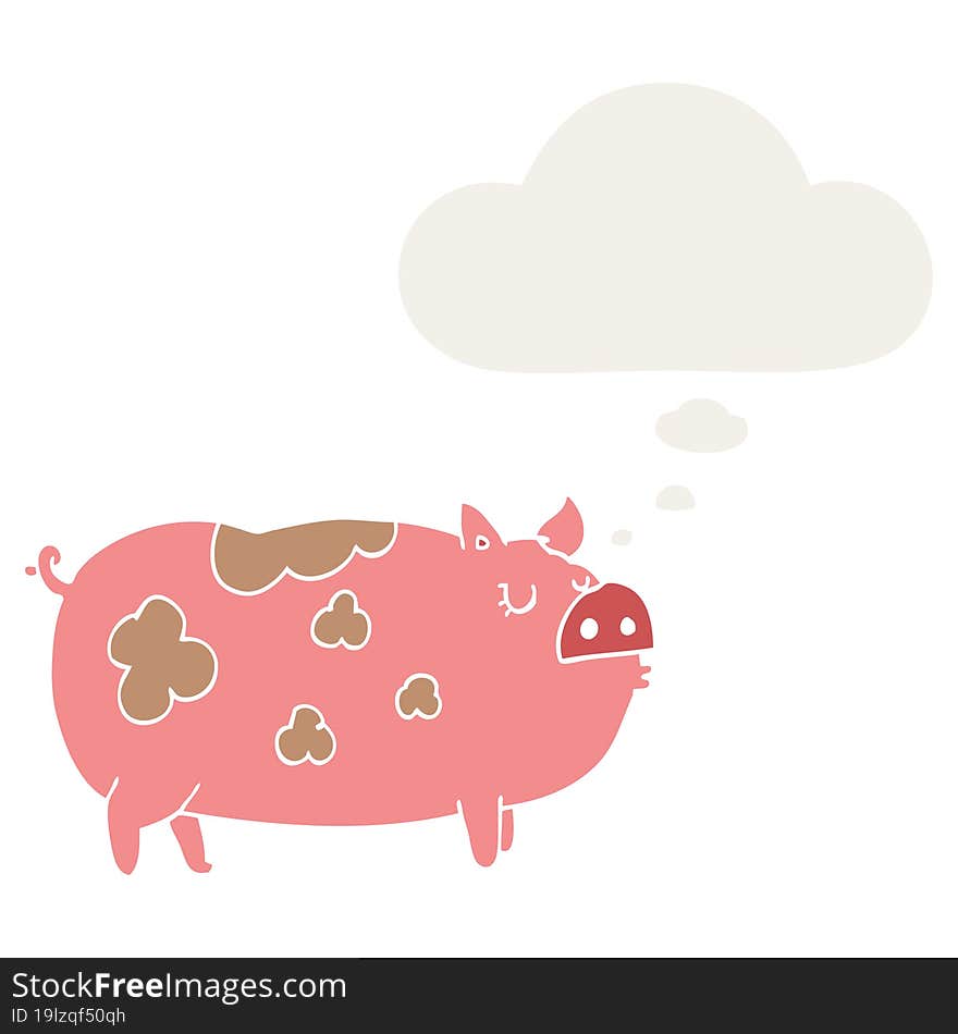 cartoon pig and thought bubble in retro style