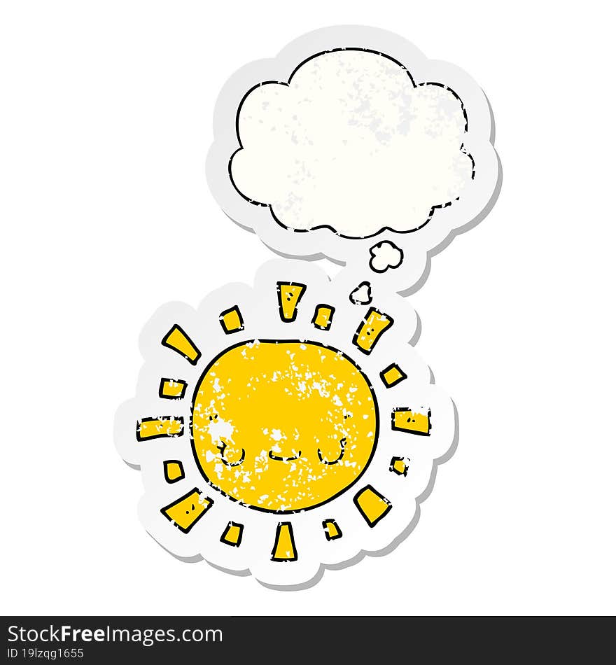 cartoon sun and thought bubble as a distressed worn sticker