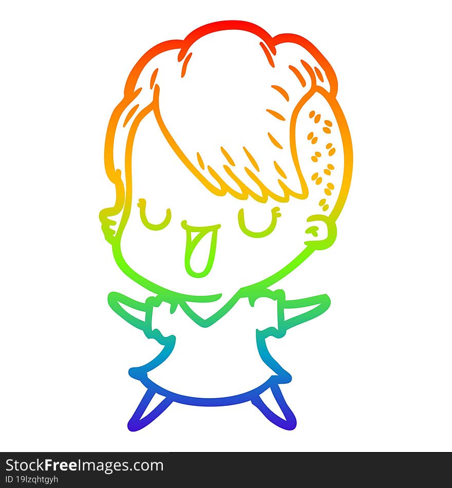 Rainbow Gradient Line Drawing Cute Cartoon Girl With Hipster Haircut