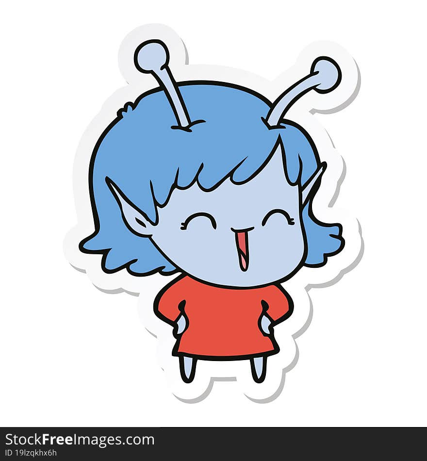 sticker of a cartoon happy alien girl