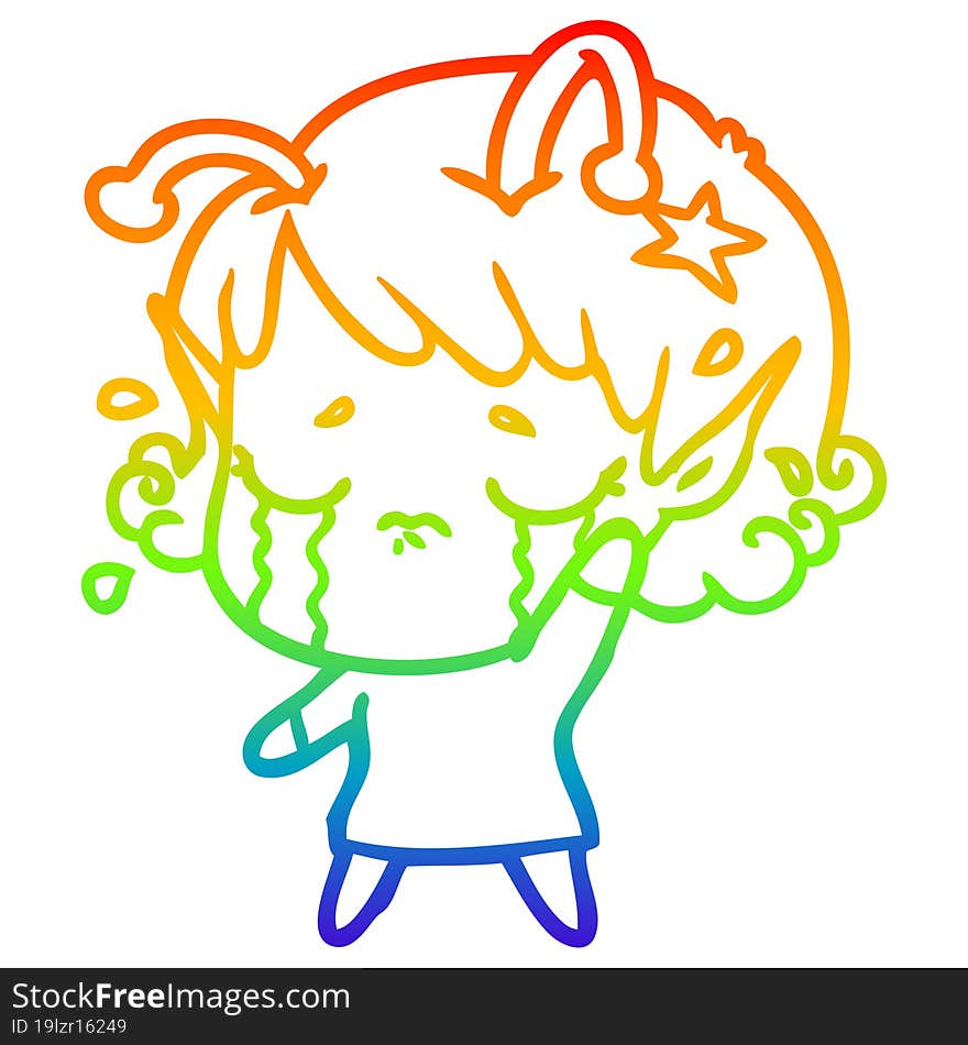 rainbow gradient line drawing cartoon crying alien girl