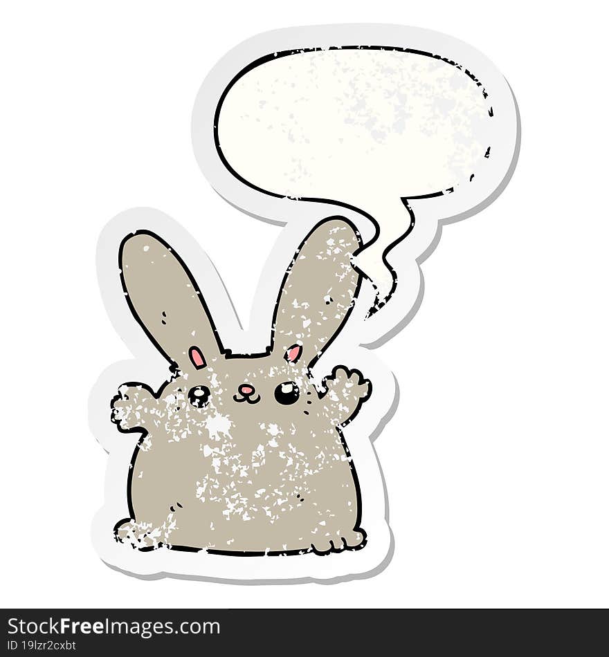 cartoon rabbit and speech bubble distressed sticker